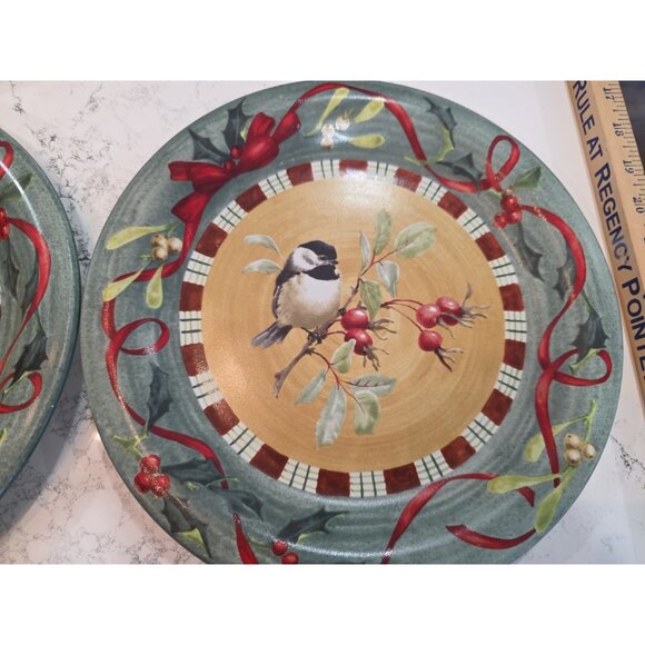 2pc Lenox Winter Greetings Everyday Dinner Plate 10.75" Cardinal Chickadee Stone - Picture 3 of 5